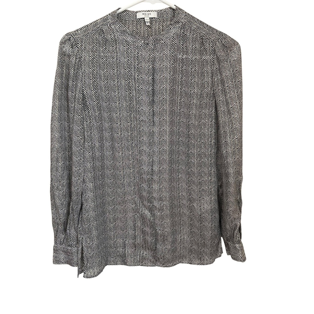 Reiss Hally Silk Blend Chevron Metallic Stripe Blouse Black White Gold Size 0